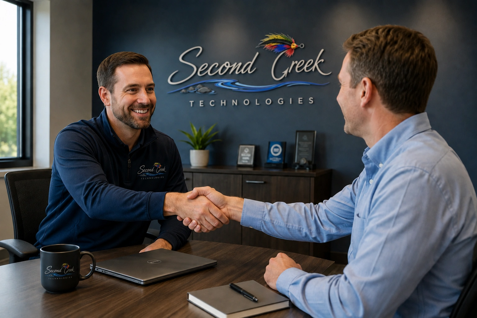 Second Creek Technologies professional shaking hands with a business client during a meeting in a modern office.