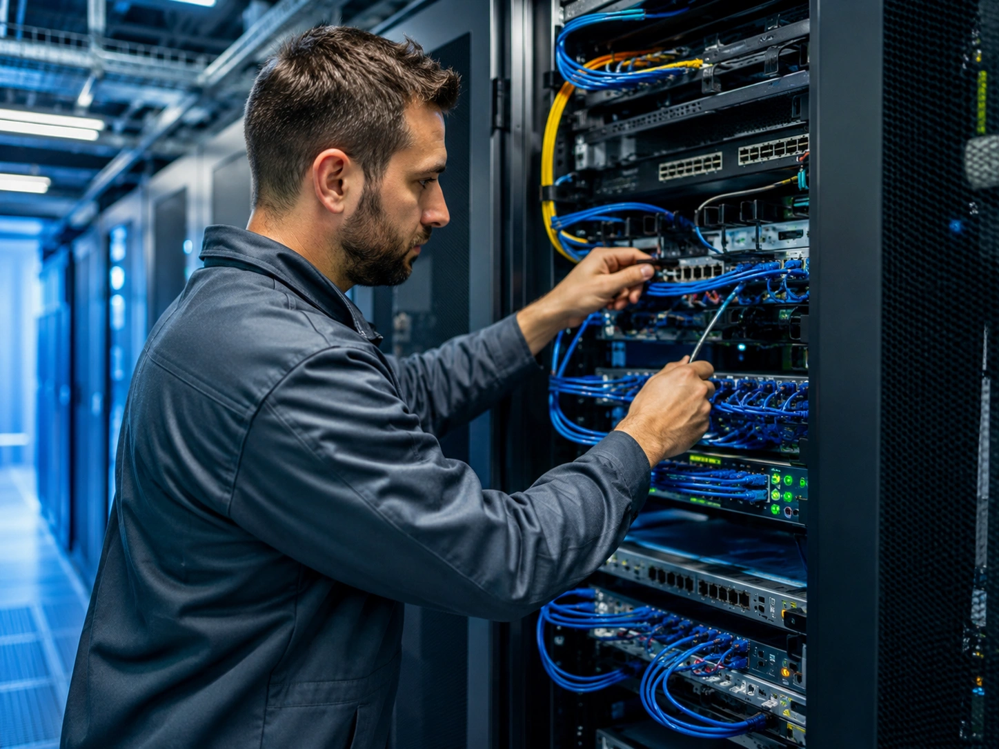 IT technician configuring network cabling and equipment inside a modern data center server rack.