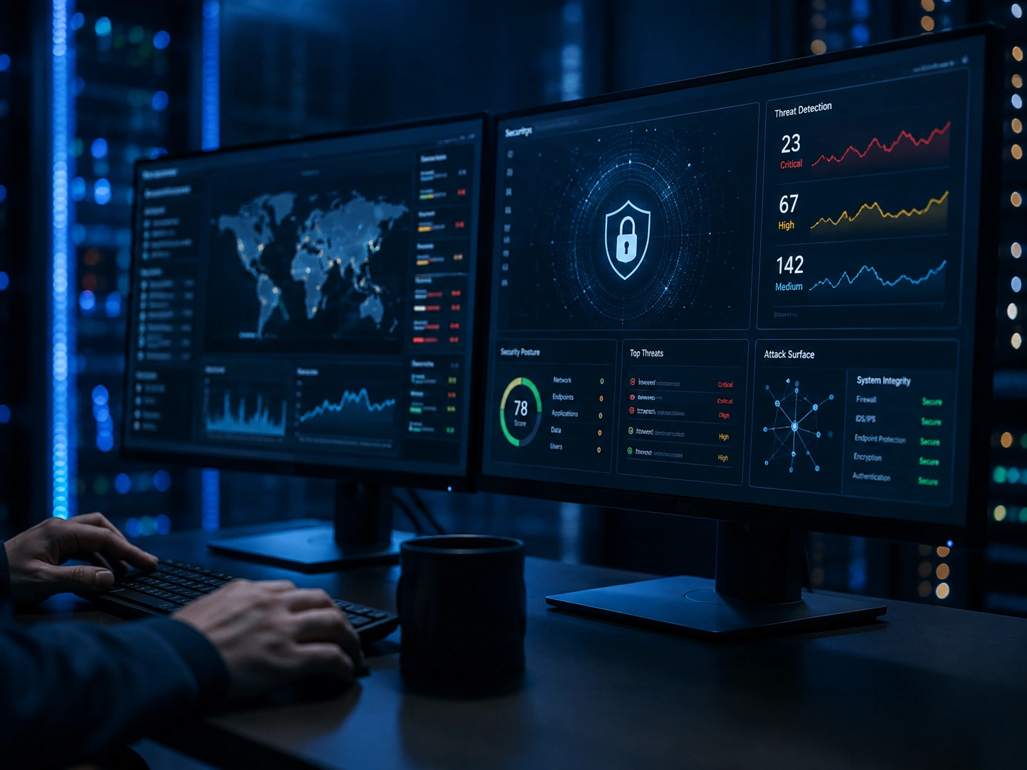 Cybersecurity monitoring screens displaying threat detection, network activity, and system security information.