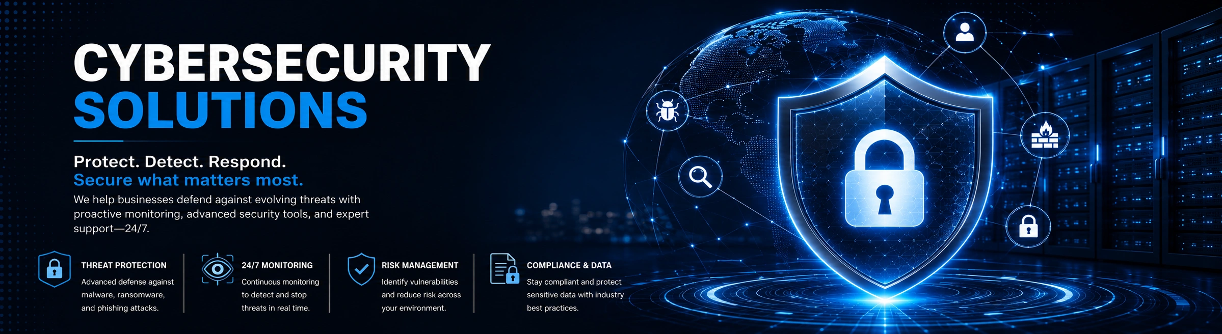 Cybersecurity Solutions banner showing a glowing security shield and lock protecting connected business systems, networks, servers, and digital infrastructure from cyber threats.