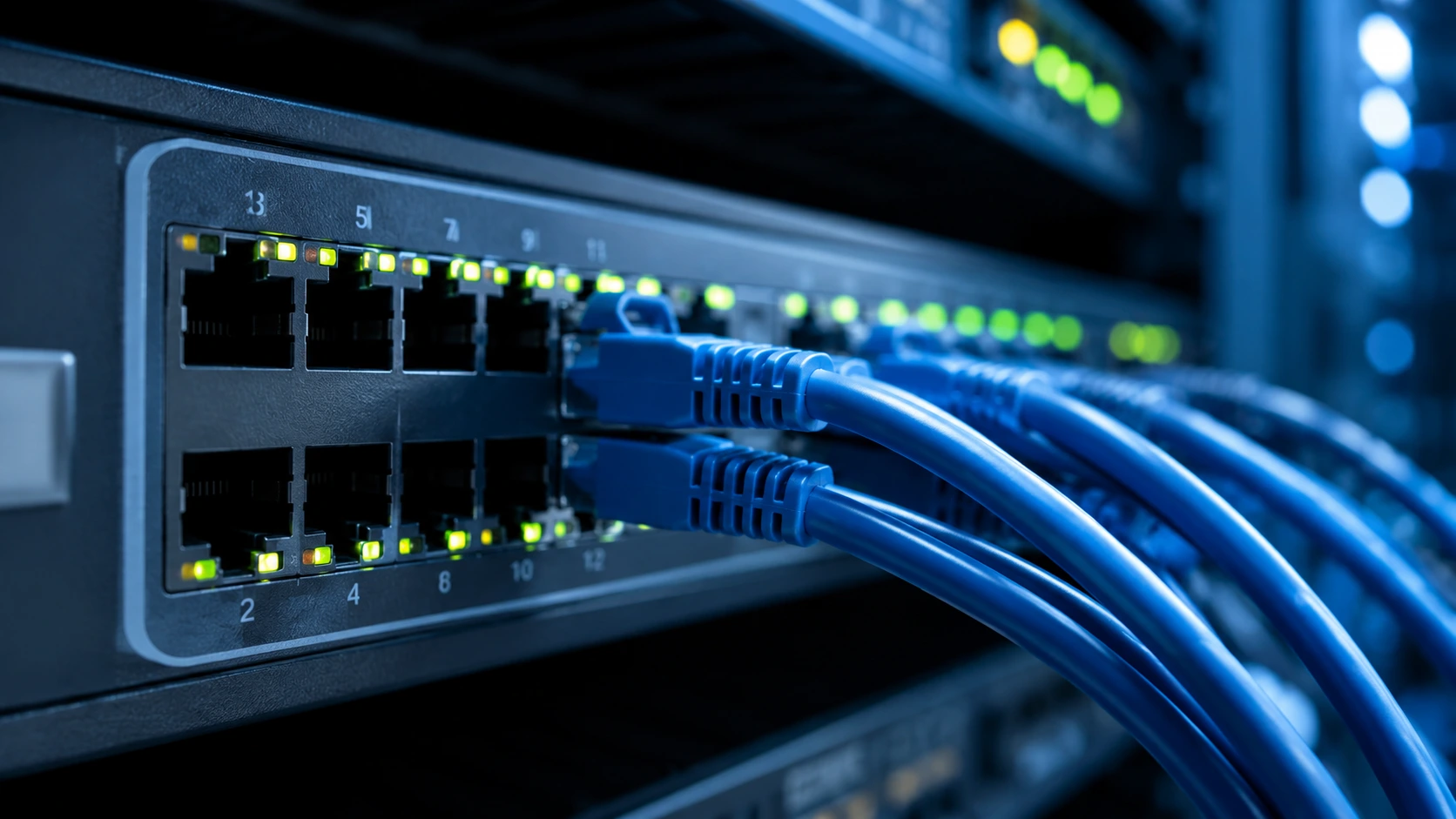 Network switch with connected Ethernet cables for business networking infrastructure